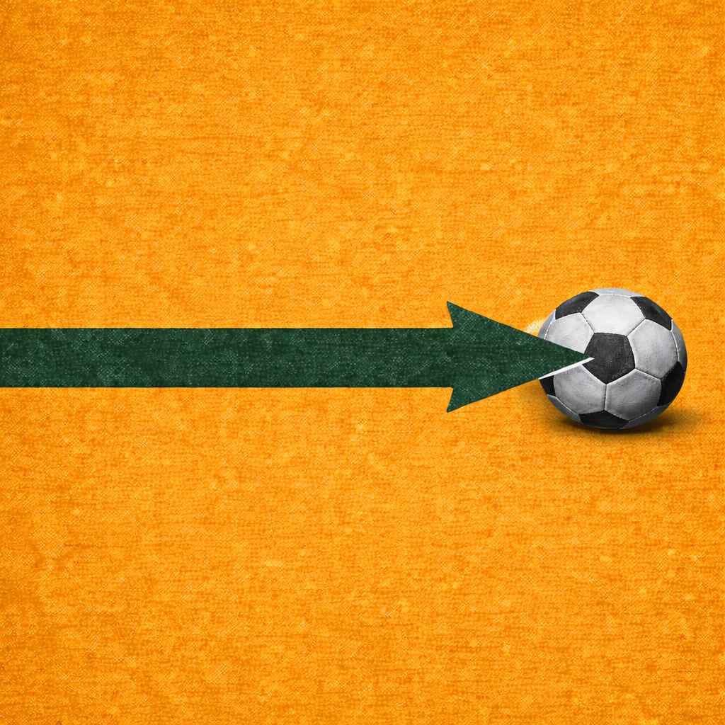 Graphic design in the style of a 1950s–60s American film poster by Saul Bass. A long forest green horizontal arrow spans the full width of the frame, pointing right, positioned in the lower third. At the arrow's tip, off-centre right: a small B&W photographic cutout of a soccer ball, precisely placed to interrupt the arrow's path. The arrow bends very slightly around the ball — it can't go through. Deep ochre background. Flat screen-print texture. Palette: forest green, deep ochre, off-white.