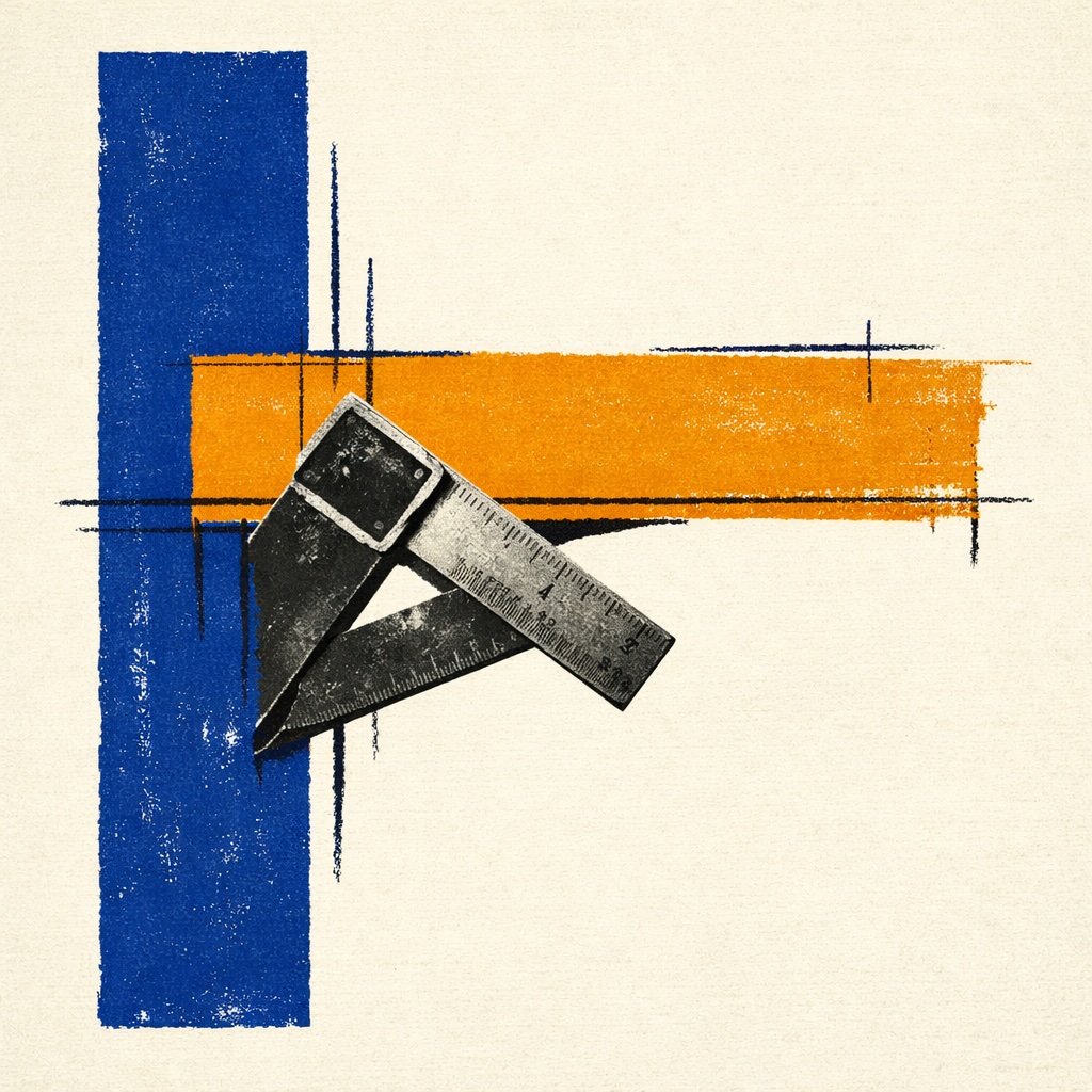 Graphic design in the style of a 1950s–60s American film poster by Saul Bass. A bold cobalt blue vertical bar on the left — like a column or scaffold — bleeds off the top and bottom edges. A warm amber horizontal beam extends rightward from its upper third, forming a rough L-shape. The structure is clearly unfinished: lines overrun their intersections. A B&W photographic cutout of a single steel set square (drafting tool), placed diagonally at the intersection, corner pointing into the frame. Off-white cream background. Flat screen-print texture.