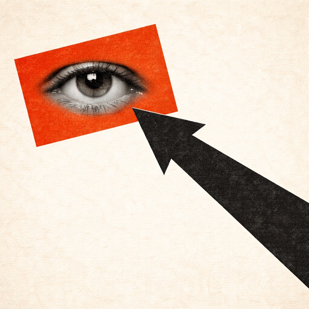 Graphic design in the style of a 1950s–60s American film poster by Saul Bass.
A bold vermillion rectangle fills the upper-left quadrant, slightly off-kilter.
Inside it: a B&W photographic cutout of a single eye, staring directly out,
calm and unblinking. A near-black arrow points directly at the eye from the
lower right. Off-white cream background. Diagonal tension, bottom-right to
upper-left. Flat screen-print texture, visible grain. Palette: vermillion,
near-black, off-white cream.