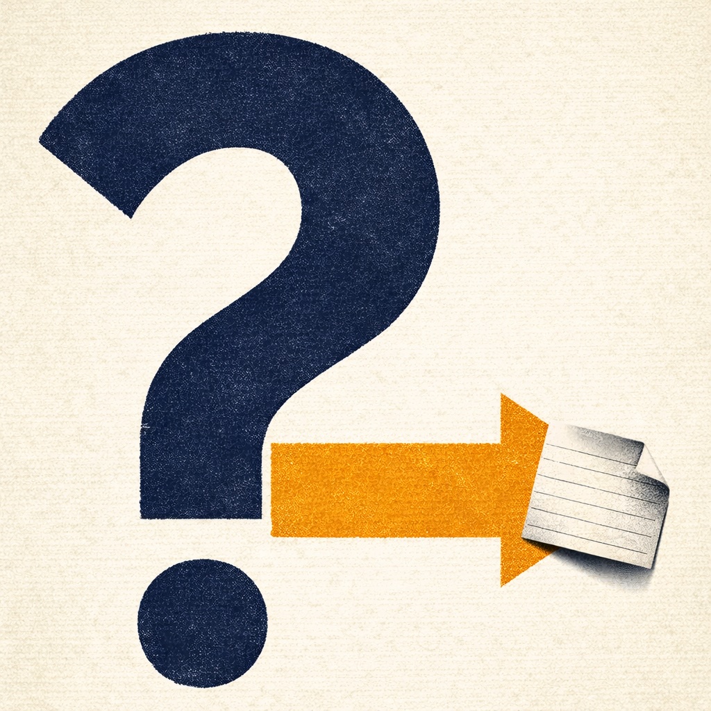 Graphic design in the style of a 1950s–60s American film poster by Saul Bass. A large navy blue question mark dominates the left two-thirds of the frame, bleeding off the top and bottom edges. Its tail curves and terminates in a bold warm amber arrow pointing right — the question mark becomes directional. Off-white cream background. A B&W photographic cutout of a printed index card (close-up, ruled lines visible, corner dog-eared) placed at the tip of the arrow.