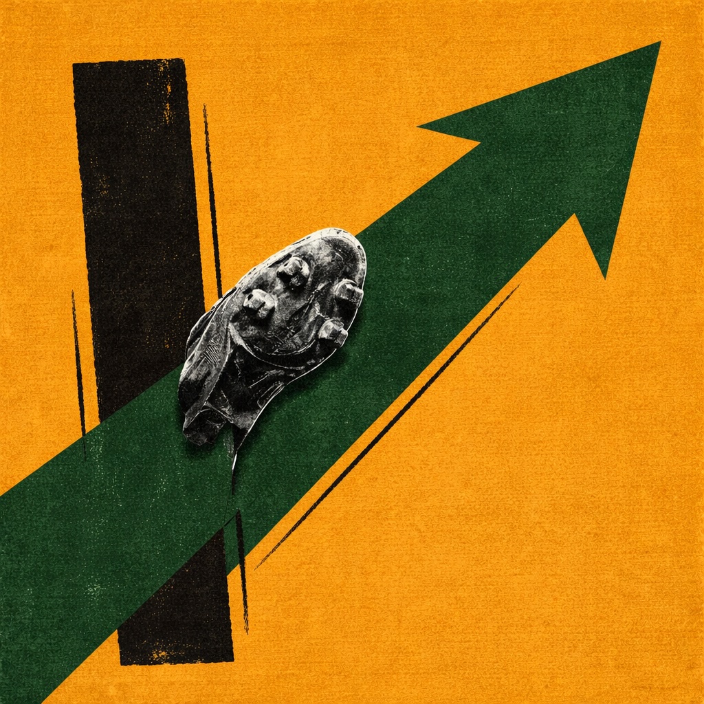 Graphic design in the style of a 1950s–60s American film poster by Saul Bass. A bold forest green diagonal arrow cuts from bottom-left to top-right, bleeding off both edges. On the left of the arrow: a near-black vertical bar, slightly tilted — resisting the direction. The arrow passes through and beyond it regardless. A B&W photographic cutout of a football boot sole (close-up, bottom facing out, studs visible) placed at the point of intersection. Deep ochre background.