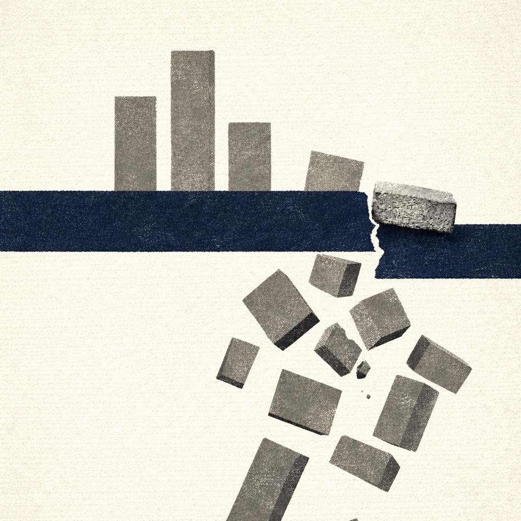 Graphic design in the style of a 1950s–60s American film poster by Saul Bass. A navy blue horizontal platform bisects the frame, slightly off-centre downward. Above it: stable, ordered geometry in stone grey, upright. Below it: the same shapes falling, tilted, fragmenting — some bleedings off the bottom edge. A B&W photographic cutout of a single cracked brick, placed at the platform edge where the fracture begins. Off-white cream background. Flat screen-print texture.