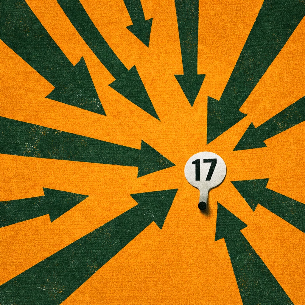 Graphic design in the style of a 1950s–60s American film poster by Saul Bass. Multiple forest green arrows of different sizes converge on a single small point at the centre-right of the frame — some from the left, some from above, some from below, all pointing inward. The convergence point is a small B&W photographic cutout of a numbered auction paddle (just the paddle, no holder visible), face-on. Deep ochre background. Flat screen-print texture. Palette: forest green, deep ochre, off-white cream. Arrows bleed off left and top edges.