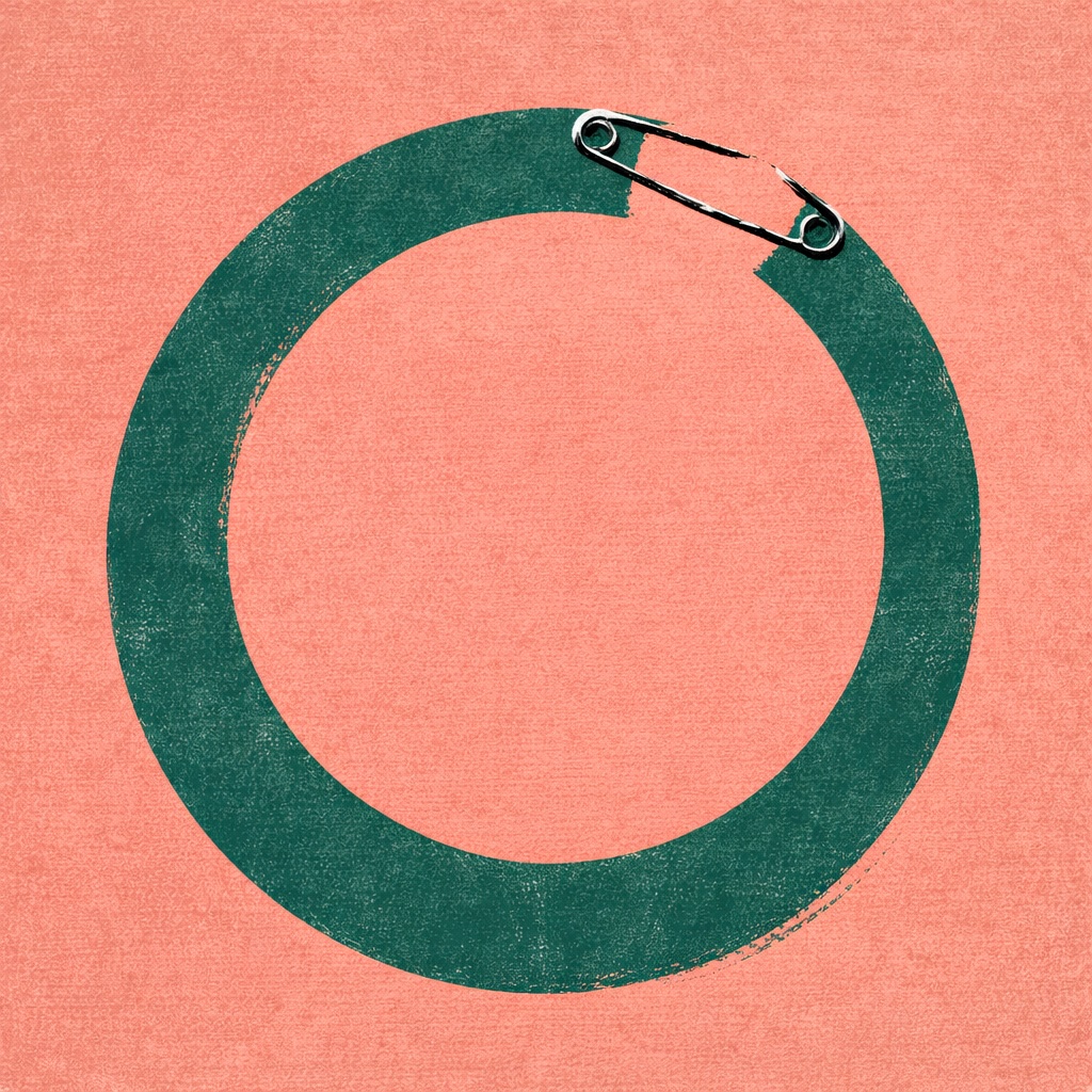 Graphic design in the style of a 1950s–60s American film poster by Saul Bass. A large warm teal circle, almost complete, with a small gap at the top — like a finish line that immediately becomes a starting line. The circle sits off-centre, leaning left, bleeding off the left edge. At the gap: a B&W photographic cutout of a single safety pin, open, placed at the break as if the circle is held there temporarily.