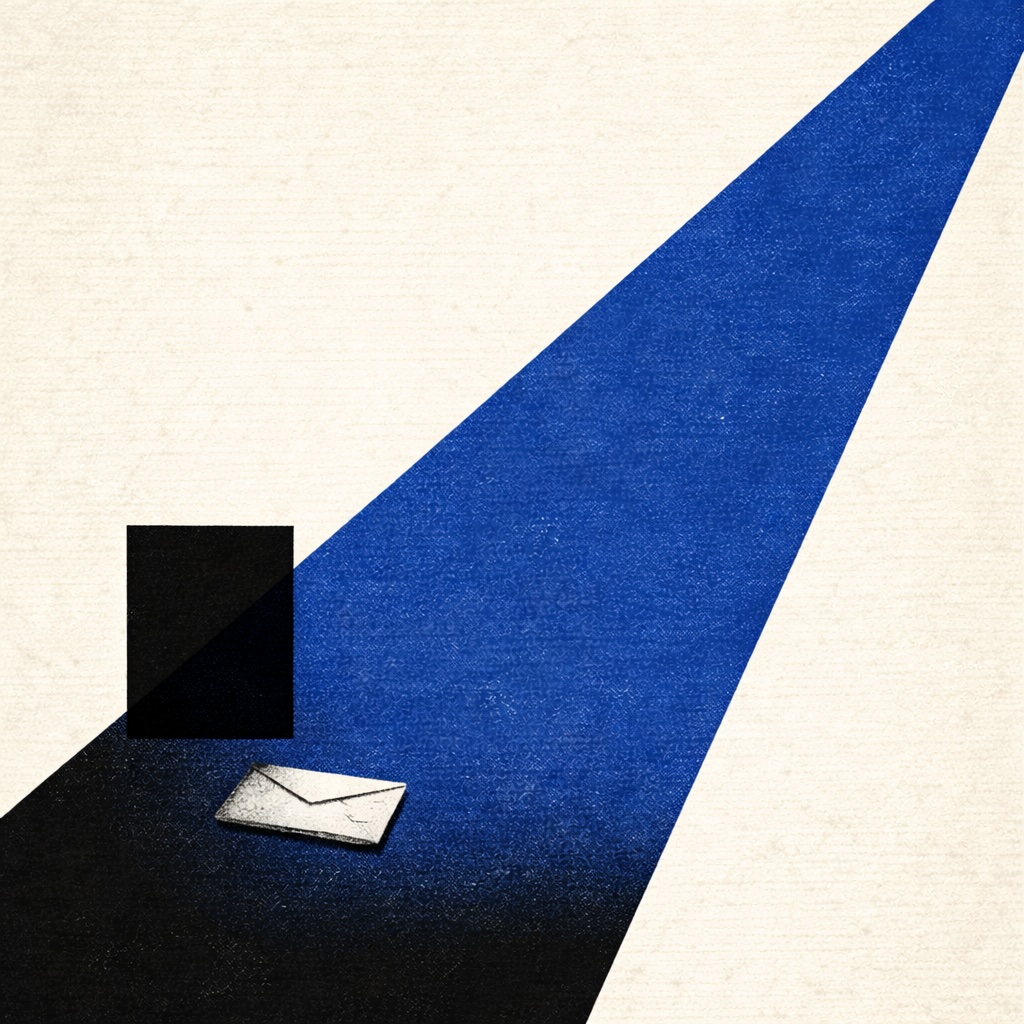 Graphic design in the style of a 1950s–60s American film poster by Saul Bass. A bright cobalt blue spotlight beam shines from top-right — but points slightly left of centre, missing a small near-black rectangle in the lower-left quadrant. The rectangle is just out of reach of the light. Off-white cream background. A B&W photographic cutout of a single sealed envelope, placed beneath the rectangle, in the unlit zone.
