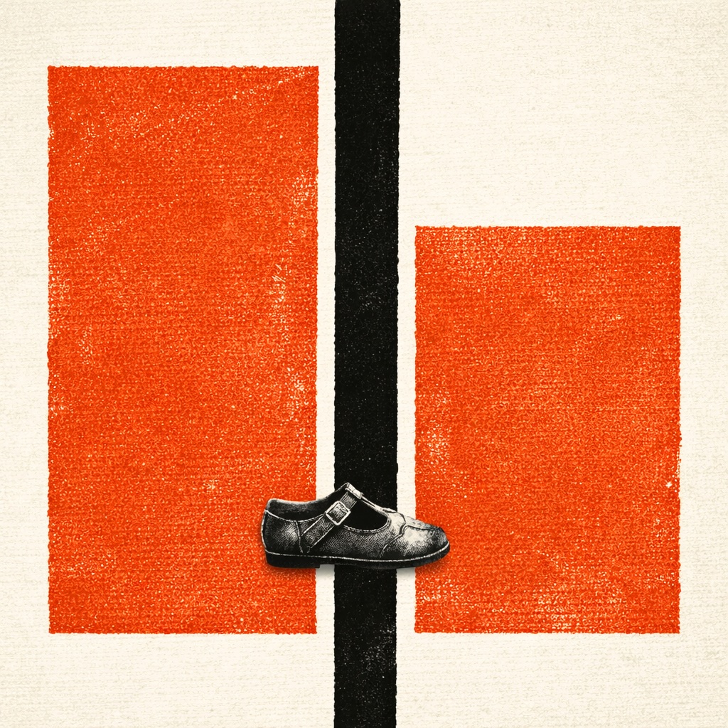 Graphic design in the style of a 1950s–60s American film poster by Saul Bass. Two bold vermillion rectangles of different sizes — one large (left), one small (right) — face each other across a narrow near-black gap in the centre. The gap is the subject. A B&W photographic cutout of a single small children's shoe, seen from the side, placed in the gap. Off-white cream background. Flat screen-print texture.