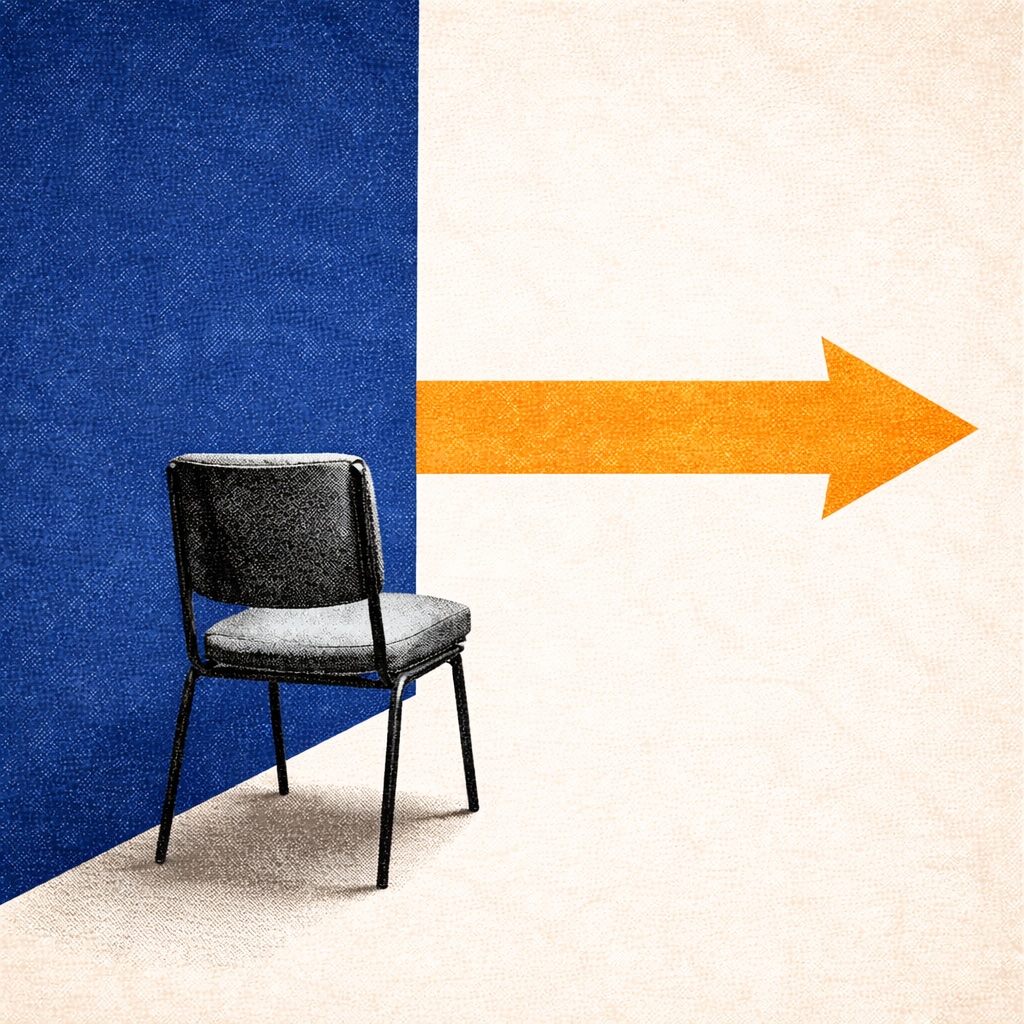 Graphic design in the style of a 1950s–60s American film poster by Saul Bass. A large cobalt blue rectangle dominates the left half, bleeding off the left edge. A warm amber arrow points right into empty cream space — but nothing is at the arrow's destination. A B&W photographic cutout of a single empty chair, seen from behind, mid-frame, facing into the blue rectangle. Strong left-to-right tension. Flat screen-print texture. Palette: cobalt blue, warm amber, off-white cream.