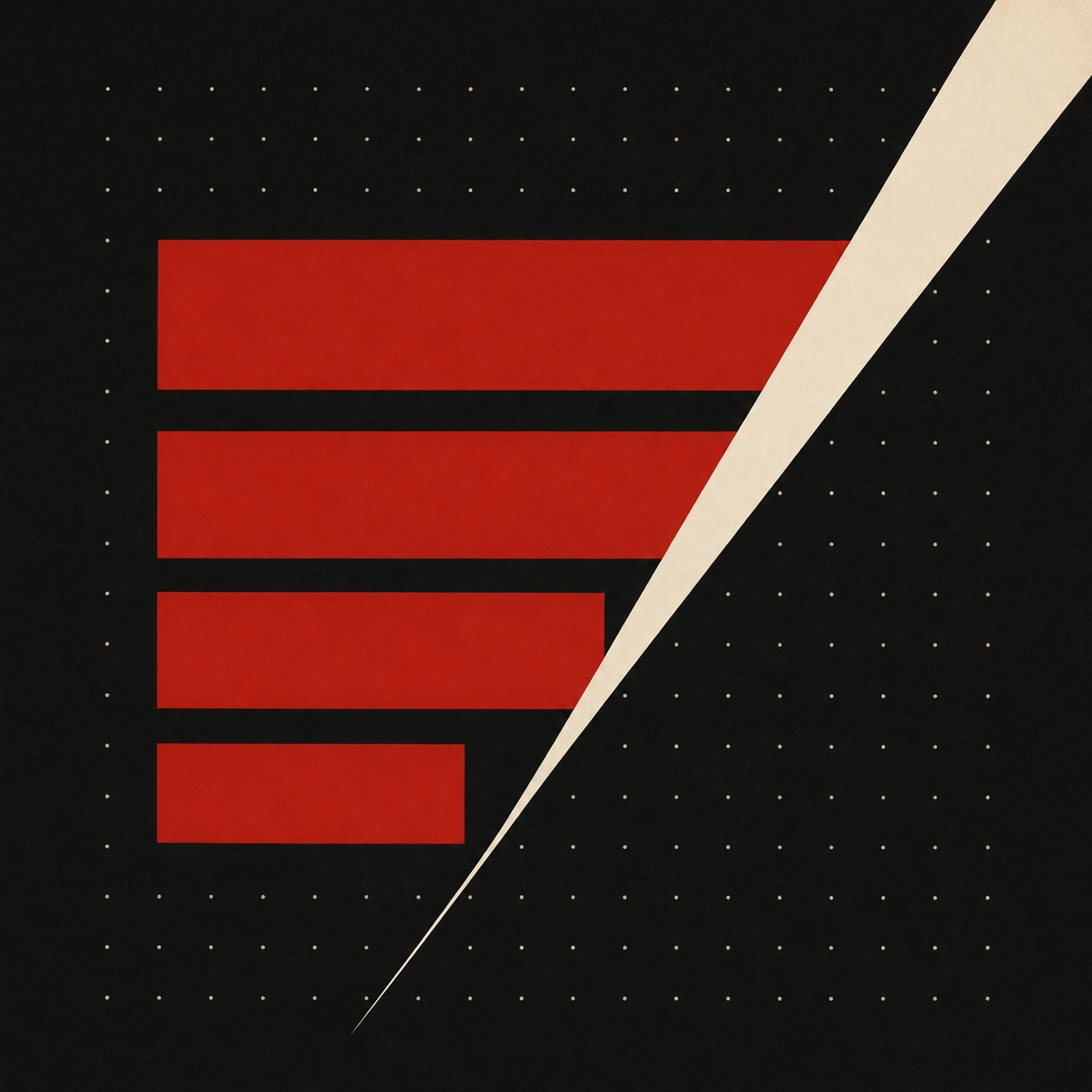 A single large vertical checklist — four horizontal bars of decreasing width, stacked like a bar chart on its side, descending from top to bottom. The bars are solid deep red. Behind them, a faint grid of small dots in pale warm cream, suggesting a field of data or academic records.