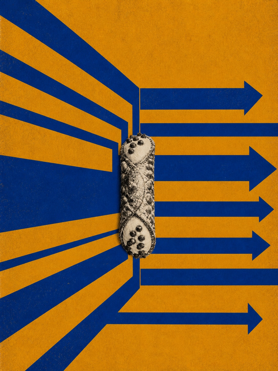Graphic design in the style of a 1950s–60s American film poster by Saul Bass. Multiple bold cobalt blue arrows — varying in weight, approaching from the left and upper-left — each bend sharply at a single vertical axis near the centre of the frame, redirecting rightward and bleeding off the right edge. The bend is abrupt, not curved: a decision point, not a drift. A B&W photographic cutout of a Sicilian Cannoli, placed precisely at the vertical axis where all arrows turn.