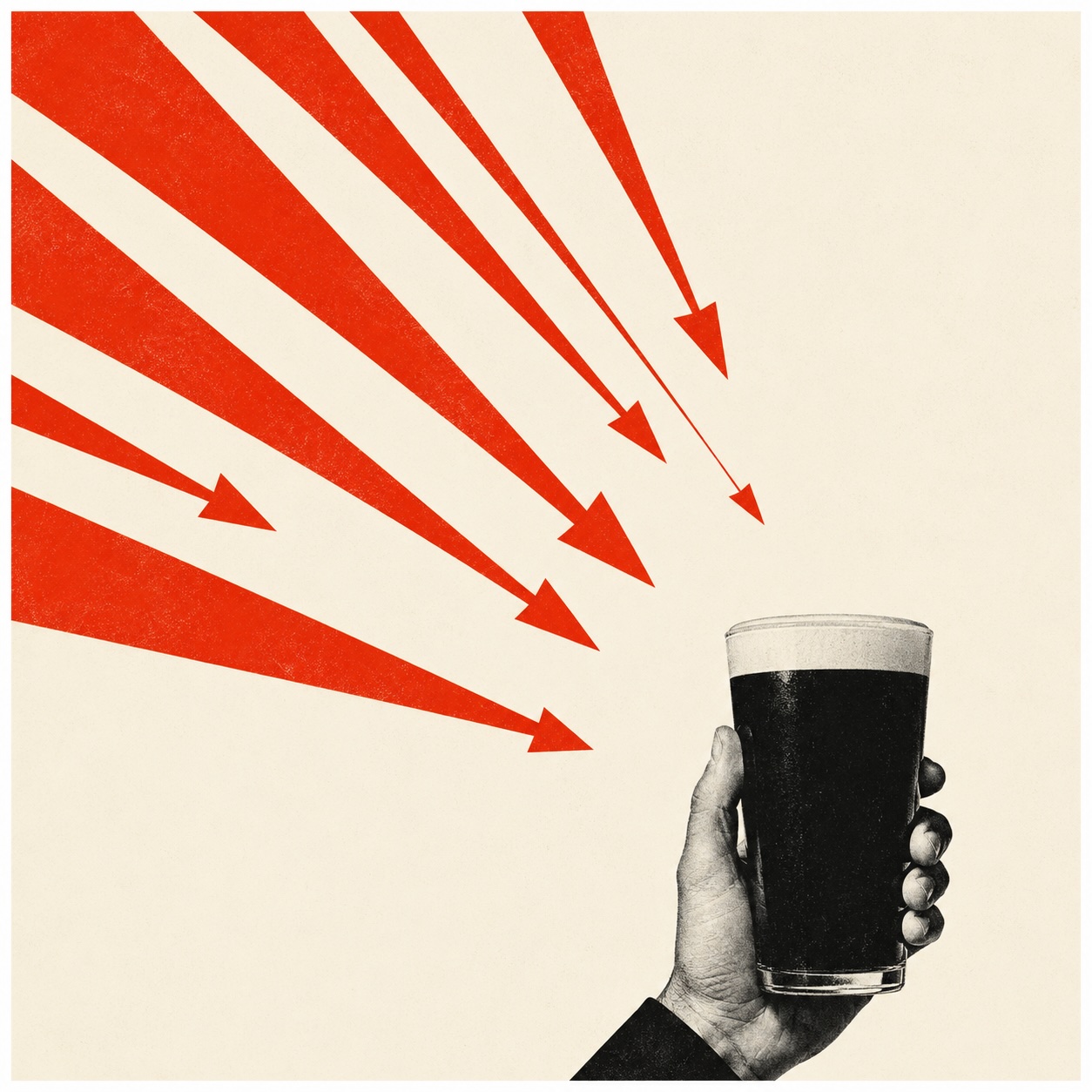 Saul Bass-style poster: bold vermillion arrows converge on a lone pint glass but stop short, evoking a press storm that never touches its target.