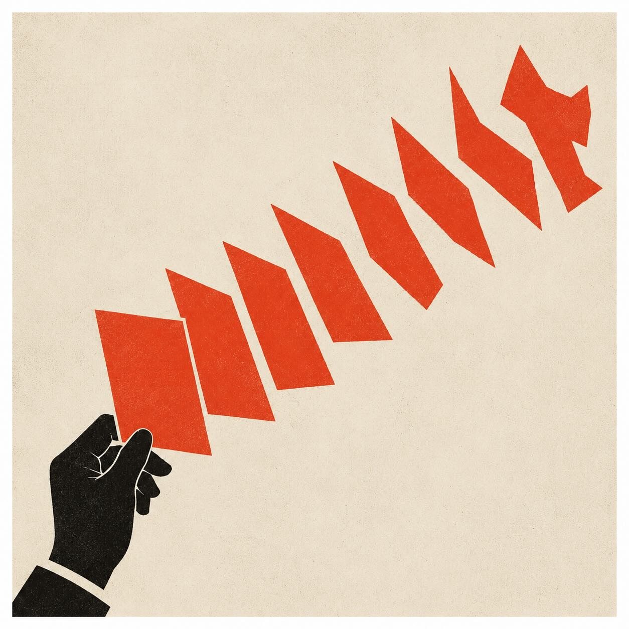Saul Bass-style poster: a black hand releasing a fan of red cards that spread outward and distort as they travel, evoking a single set of course facts degrading as it passes through third-party listings.