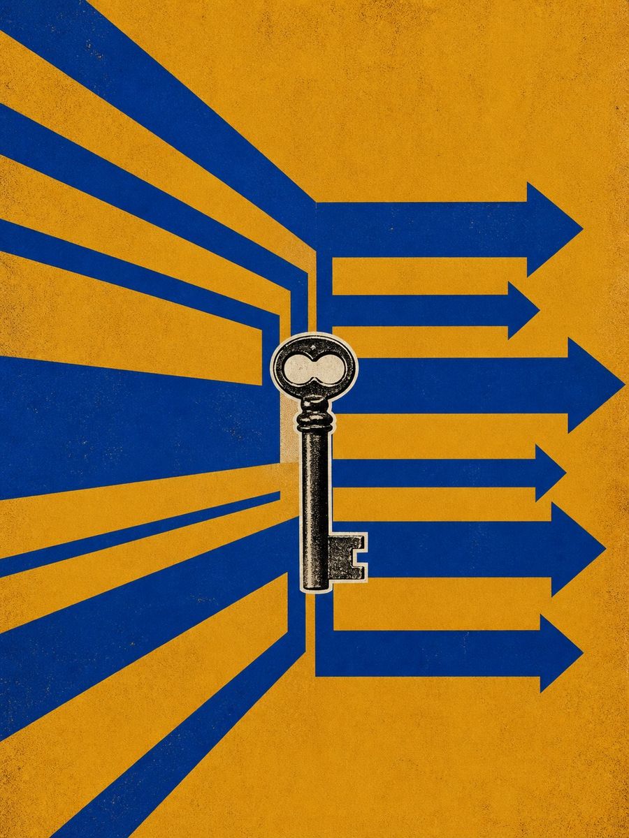 Saul Bass-style poster: a brass key ringed by outward-pointing arrows, evoking several AI front doors, each with its own lock.