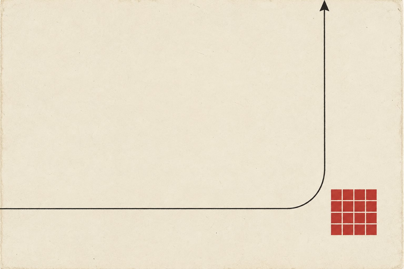 Saul Bass-style poster: a bold red square of blocks in the lower right of a cream field, with a thin charcoal arrow approaching and veering away just before it.