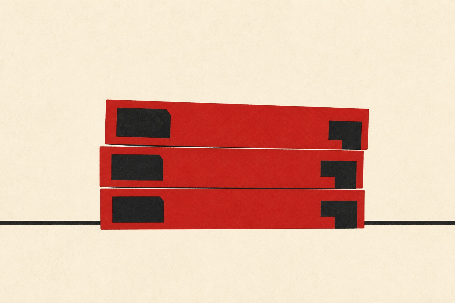 Saul Bass-style poster: three red VHS cassettes stacked spine-out against warm cream, the top one slightly out of line, resting on a single thin horizon rule.