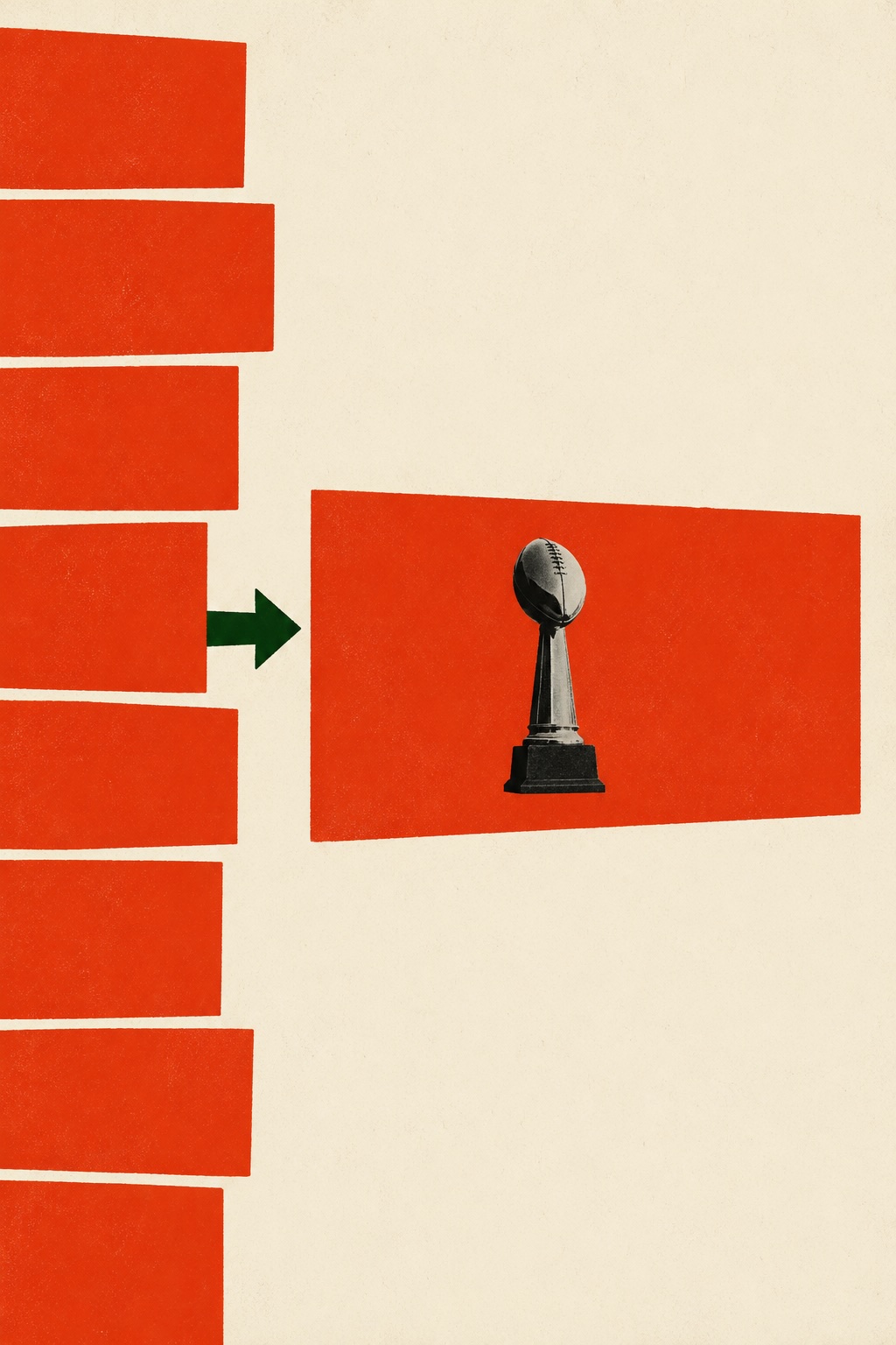 Graphic design in the style of a 1950s–60s American film poster by Saul Bass. Eight bold vermillion rectangles of varying widths are stacked in a rough column on the left side of the frame, bleeding off the left edge — compressed, jostling. One rectangle breaks cleanly from the stack, larger than the rest, pulling rightward into open space, driven by a short sharp forest green arrow. The remaining seven stay behind. A B&W photographic cutout of a single football trophy — small, front-facing, simplified silhouette — placed inside the lone breakaway rectangle..